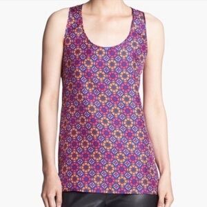 Miss Wu silk blouse womens‎ size 0 blue red orange geometric pattern sleeveless